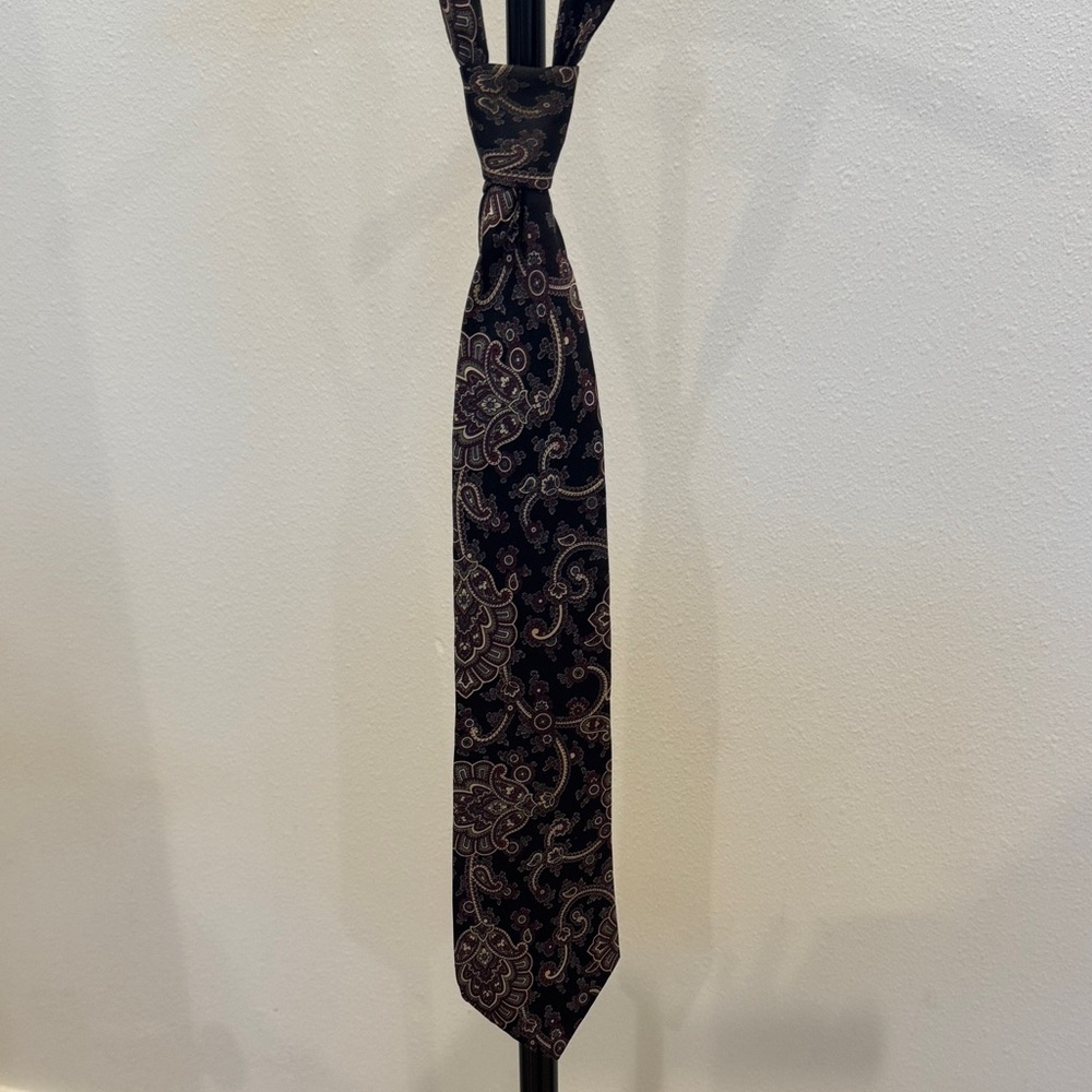Aquascutum London Black Paisley Silk Tie with Brown and Burgundy Accents